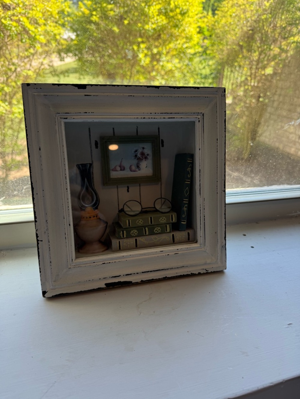 Shabby White Distressed Shadow Box Frame with Miniature Decor